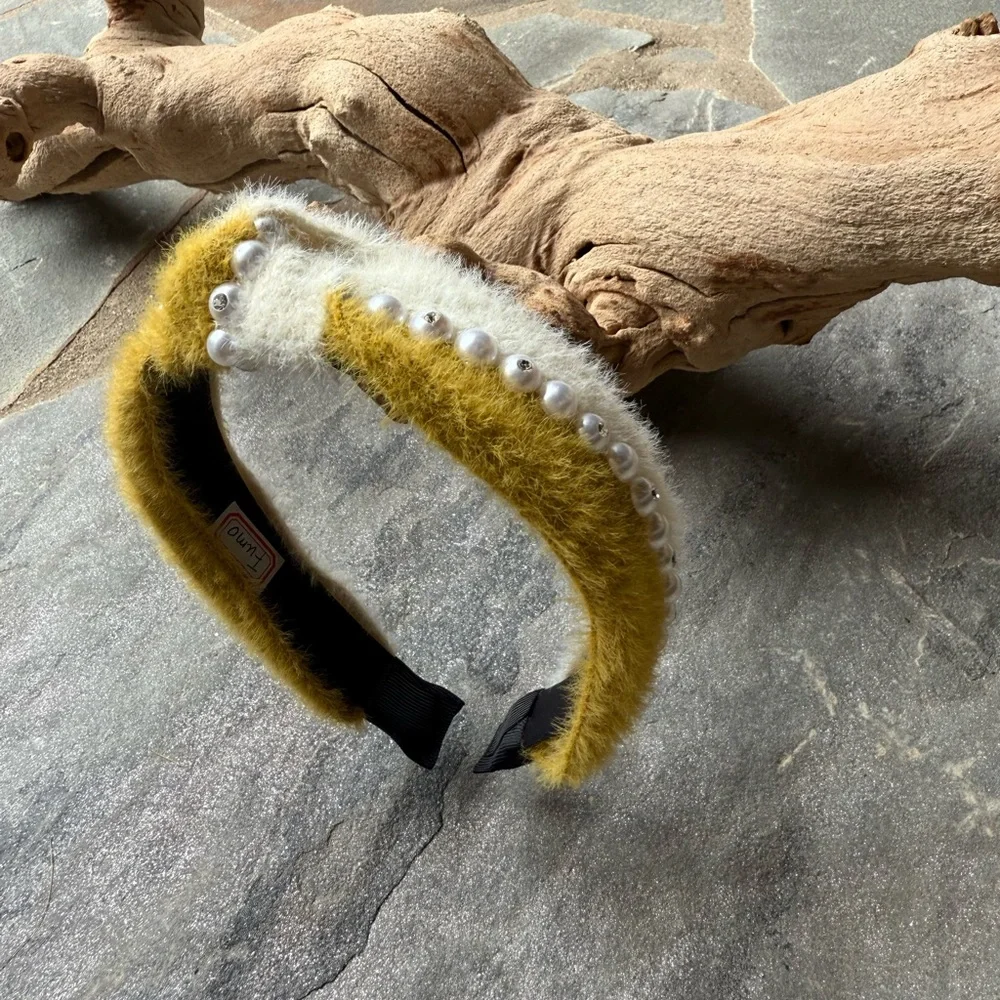 New🌟Anthropologie- Yellow and White Fuzzy Headband with Pearls